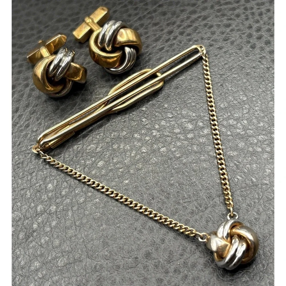 Vintage Swank Two Tone Knot Cufflinks Tie Clip Bar Set Gold Tone